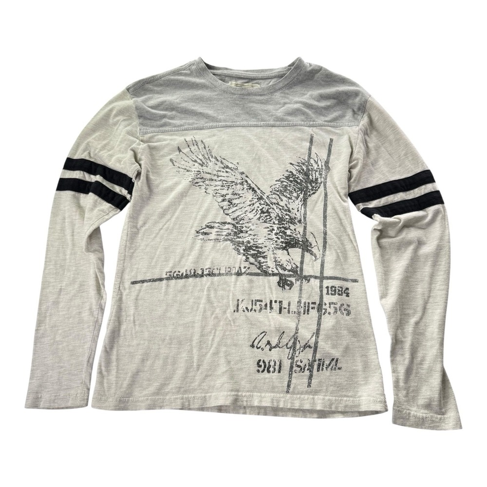 Dikotomy Eagle Graphic Long Sleeve T-Shirt Gray Varsity Striped Men's Small
